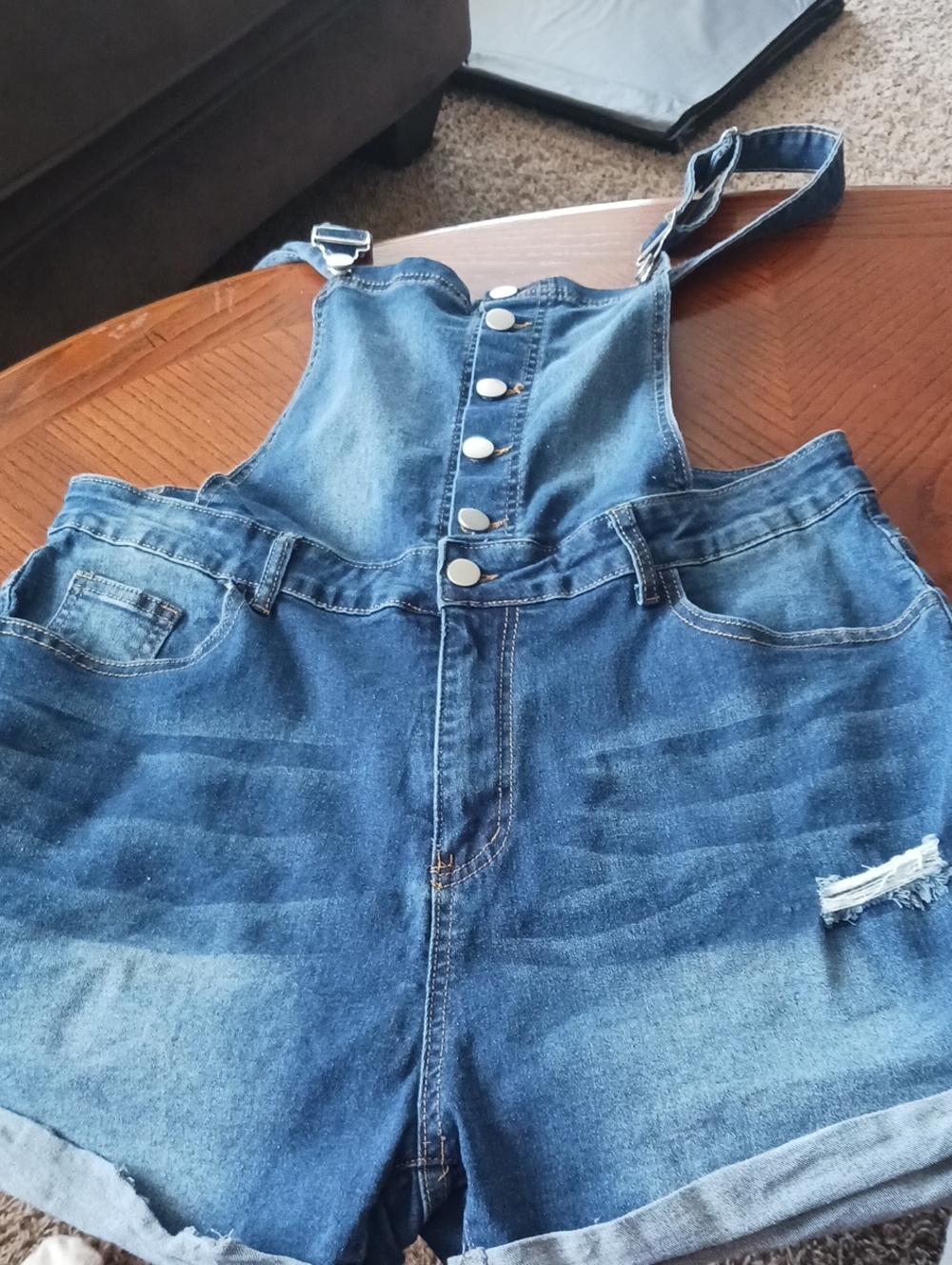 SHEIN Blue Denim Short Overalls with Button Front